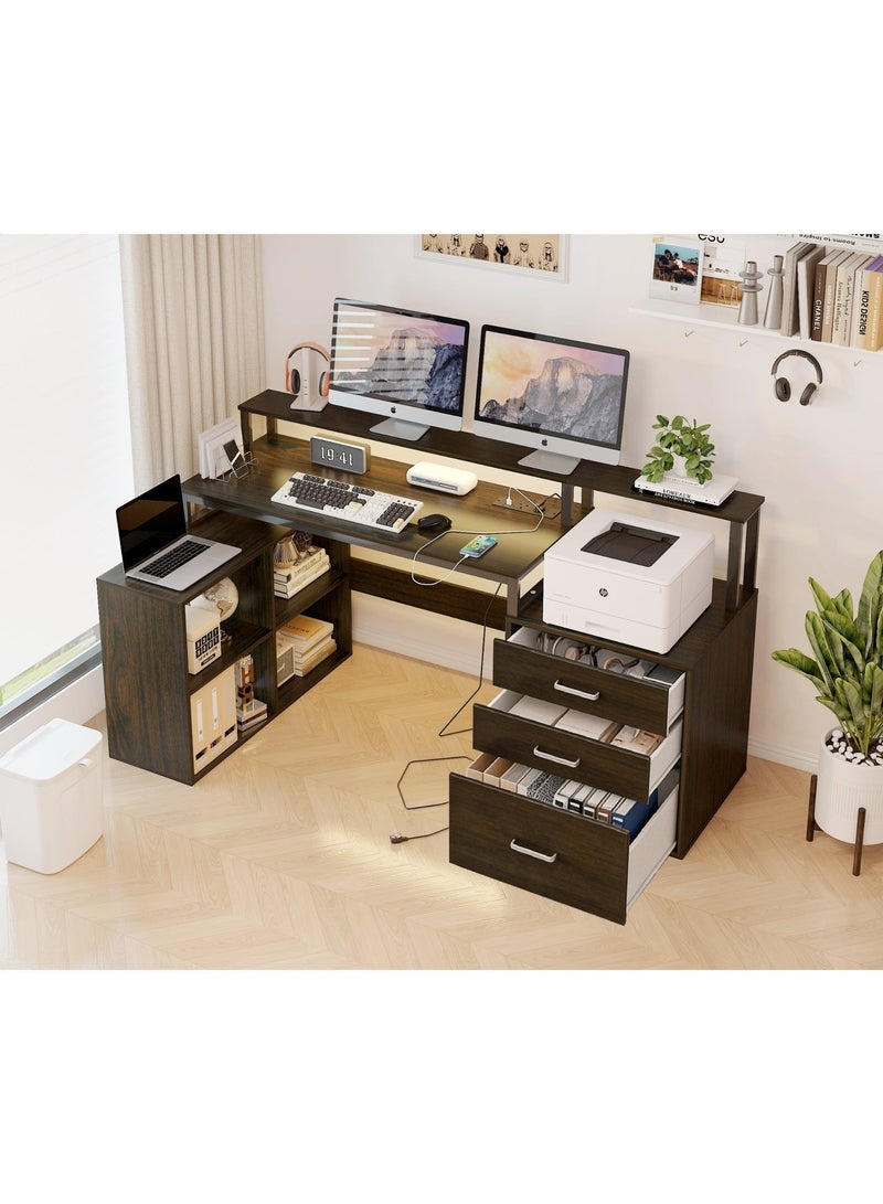 مكتب كمبيوتر على شكل حرف L مع محطة شحن وحامل شاشة وأدراج ورف كتب وسطح مكتب كبير ومكتب منزلي مع خزانة طابعة ومحطة عمل زاوية للمكتب المنزلي والدراسة والألعاب، خشب الجوز، YN125 - Image 4